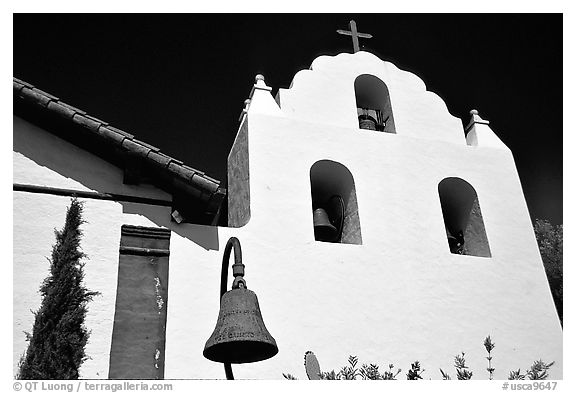 Cross and bell tower, Mission Santa Inez. California, USA