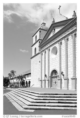 Stairs and chapel, Mission Santa Barbara, morning. Santa Barbara, California, USA (black and white)