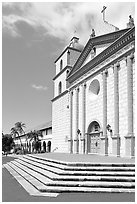 Stairs and chapel, Mission Santa Barbara, morning. Santa Barbara, California, USA ( black and white)