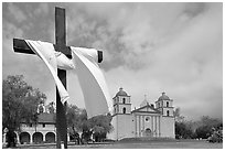 Cross and Mission Santa Barbara,  morning. Santa Barbara, California, USA ( black and white)