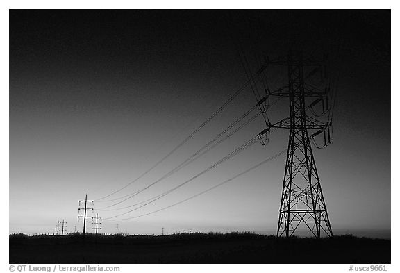 Power lines at sunset, San Joaquin Valley. California, USA (black and white)