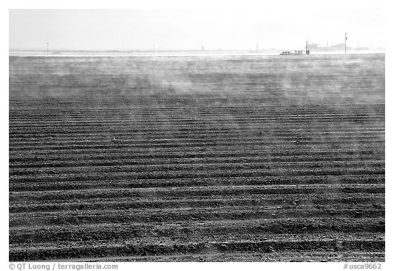 Mist and plowed field, San Joaquin Valley. California, USA (black and white)