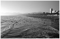 Beach seen from the pier, late afternoon. Santa Monica, Los Angeles, California, USA (black and white)