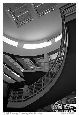 Interior of Entrance Hall, sunset, Getty Museum, Brentwood. Los Angeles, California, USA (black and white)