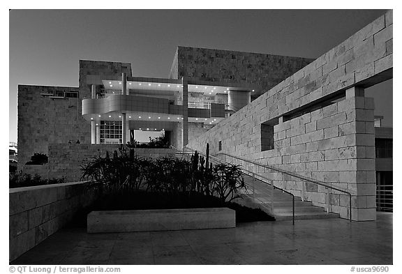Getty Museum at dusk, Brentwood. Los Angeles, California, USA (black and white)