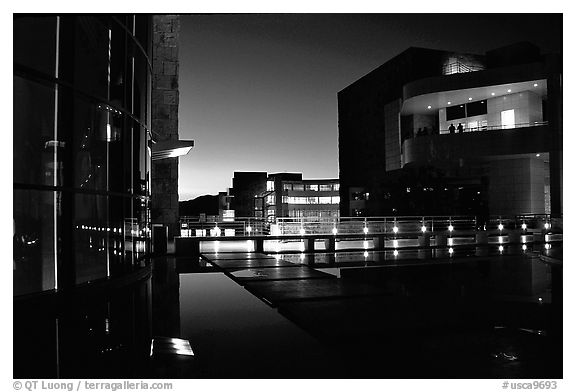 Courtyard, Getty Center, dusk, Brentwood. Los Angeles, California, USA (black and white)