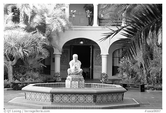 Courtyard with fountain, Balboa Park. San Diego, California, USA (black and white)