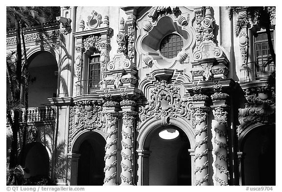 Casa Del Prado gate, afternoon, Balboa Park. San Diego, California, USA (black and white)