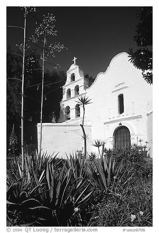 Agaves and front of Mission San Diego de Alcala. San Diego, California, USA