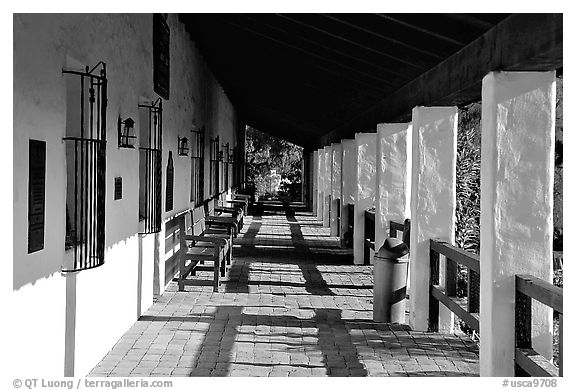 Arcades, Mission San Diego de Alcala. San Diego, California, USA (black and white)