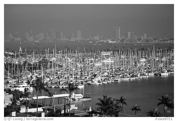 Harbor and skyline. San Diego, California, USA (black and white)