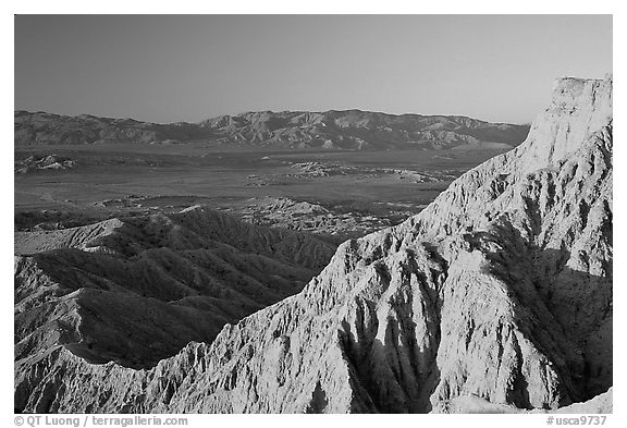 Eroded badlands at sunrise, Font Point. Anza Borrego Desert State Park, California, USA (black and white)