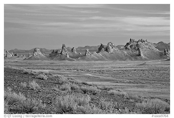 Tufa spires, Trona Pinnacles, sunset. California, USA (black and white)