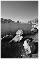 Boulders at the edge of Frog Lake, afternoon. Mokelumne Wilderness, Eldorado National Forest, California, USA (black and white)