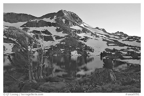 Round Top Peak and Winnemucca Lake, sunset. Mokelumne Wilderness, Eldorado National Forest, California, USA (black and white)