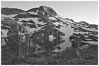 Round Top Peak and Winnemucca Lake, sunset. Mokelumne Wilderness, Eldorado National Forest, California, USA (black and white)