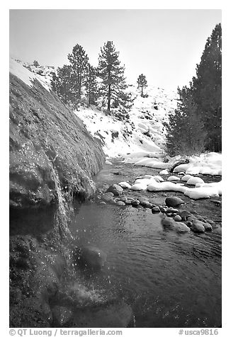 Water floweing over travertine, Buckeye Hot Springs. California, USA (black and white)