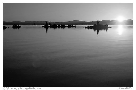 Tufa towers and rising sun. Mono Lake, California, USA (black and white)