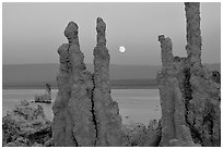 Tufa towers and moonrise, dusk. Mono Lake, California, USA (black and white)