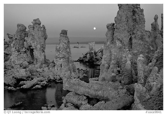 Tufa towers and moon, dusk. Mono Lake, California, USA (black and white)