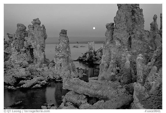 Tufa towers and moon, dusk. Mono Lake, California, USA