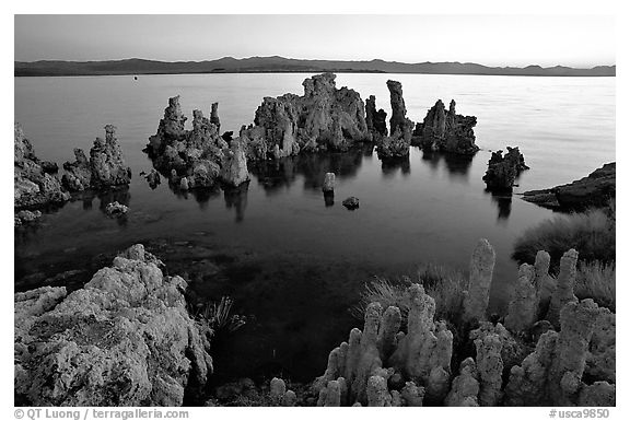 Tufa formations at dusk, South Tufa area. Mono Lake, California, USA (black and white)