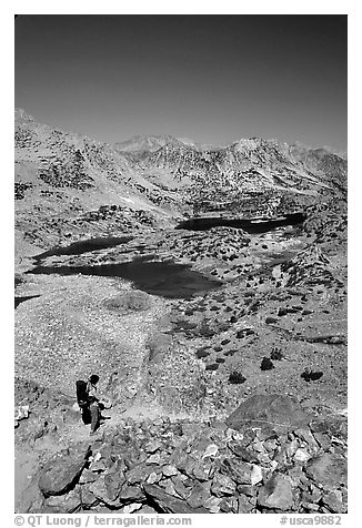 Chain of lakes seen from Bishop Pass, Inyo National Forest. California, USA (black and white)