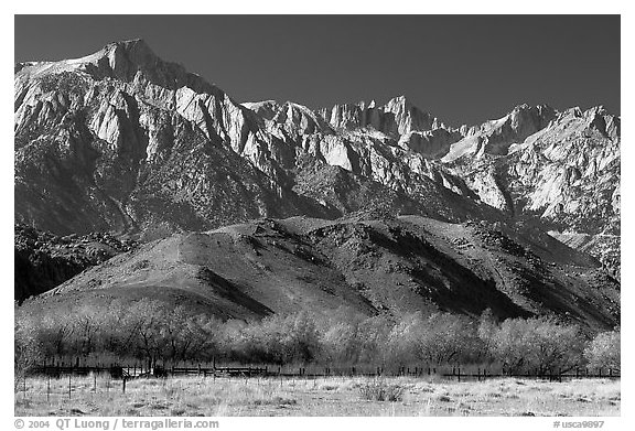 Mt Whitney, Sierra Nevada mountains, and foothills. California, USA (black and white)