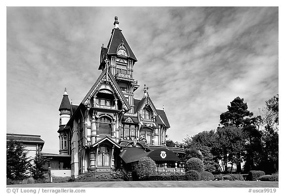 Carson Mansion, the most famous Victorian building of Eureka. California, USA (black and white)