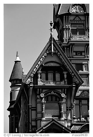 Detail of Victorian architecture of Carson Mansion, Eureka. California, USA (black and white)