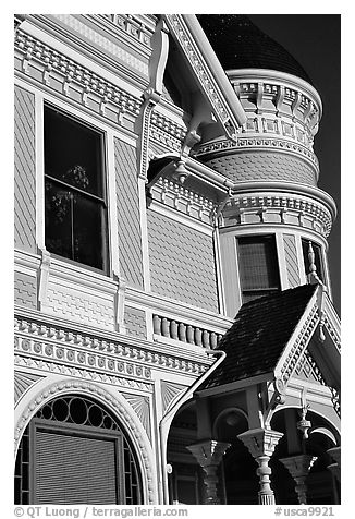 Victorian facade detail of the Pink Lady,  Eureka. California, USA (black and white)