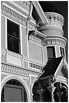 Victorian facade detail of the Pink Lady,  Eureka. California, USA (black and white)