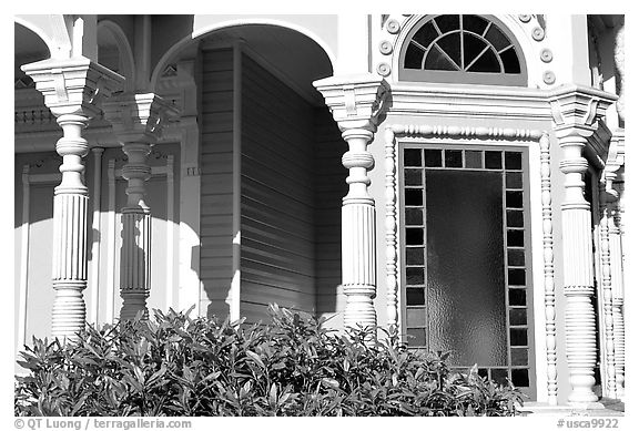 Detail of Victorian architecture of the Pink Lady,  Eureka. California, USA (black and white)