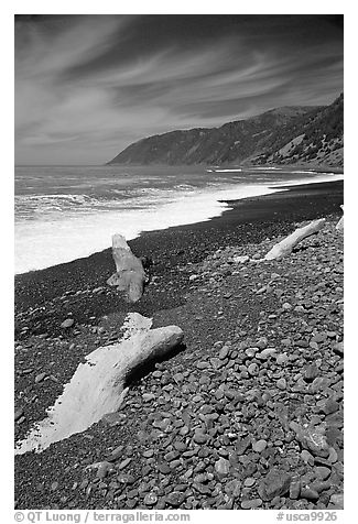 Black sand beach, Lost Coast. California, USA (black and white)