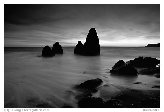 Seastacks, Rodeo Beach, Dusk. California, USA (black and white)