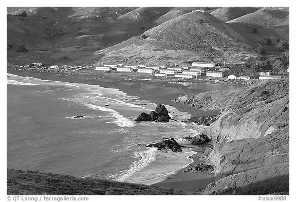 Fort Cronkhite and Rodeo Beach, late afternoon. California, USA (black and white)
