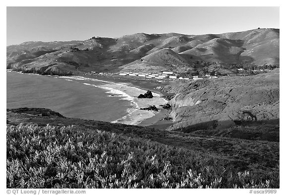 Fort Cronkhite and Rodeo Beach and hills, late afternoon. California, USA (black and white)