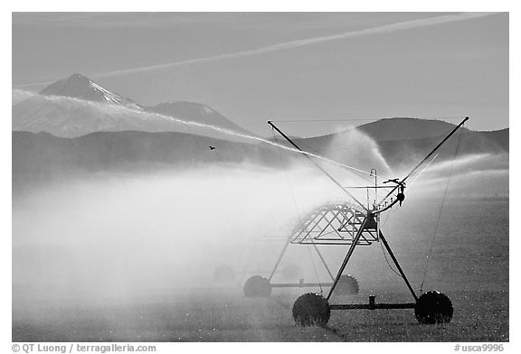 Irrigation machine and Mt Shasta. California, USA (black and white)