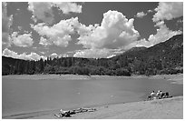 Family on the shore of Shasta Lake. California, USA ( black and white)