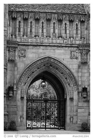 Gate in gothic style, Branford College. Yale University, New Haven, Connecticut, USA (black and white)