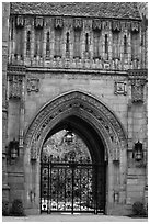 Gate in gothic style, Branford College. Yale University, New Haven, Connecticut, USA (black and white)