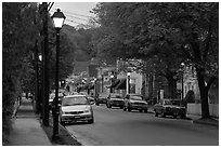 Street and storefronts at dusk, Essex. Connecticut, USA (black and white)