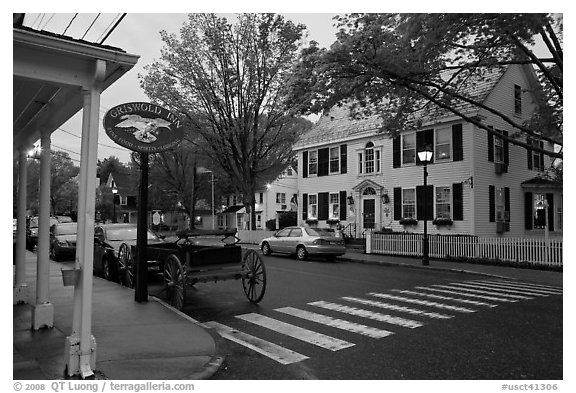 Street with historic buildings at dusk, Essex. Connecticut, USA (black and white)