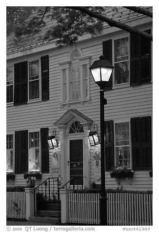 Facade and street light and dusk, Essex. Connecticut, USA