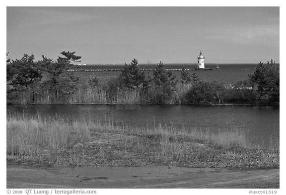 Pond and lighthouse, Old Saybrook. Connecticut, USA (black and white)