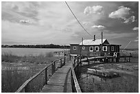 Deck and old stilt house, South Cove, Old Saybrook. Connecticut, USA (black and white)