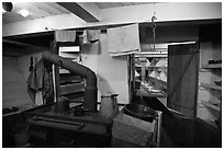 Kitchen and dining room on historic ship. Mystic, Connecticut, USA (black and white)