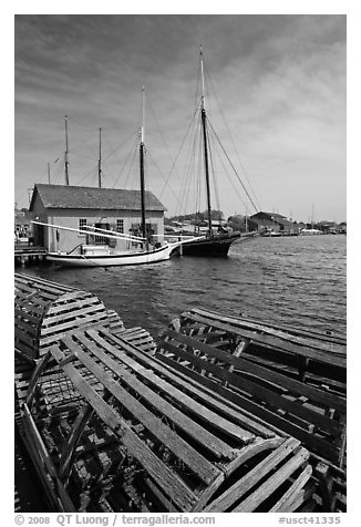 Wooden crab traps and historic ships. Mystic, Connecticut, USA (black and white)