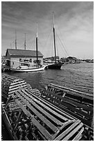 Wooden crab traps and historic ships. Mystic, Connecticut, USA ( black and white)