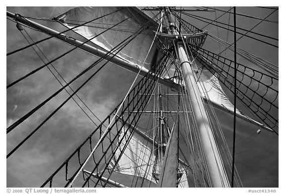 Sails and masts of Charles W Morgan whaleship. Mystic, Connecticut, USA (black and white)